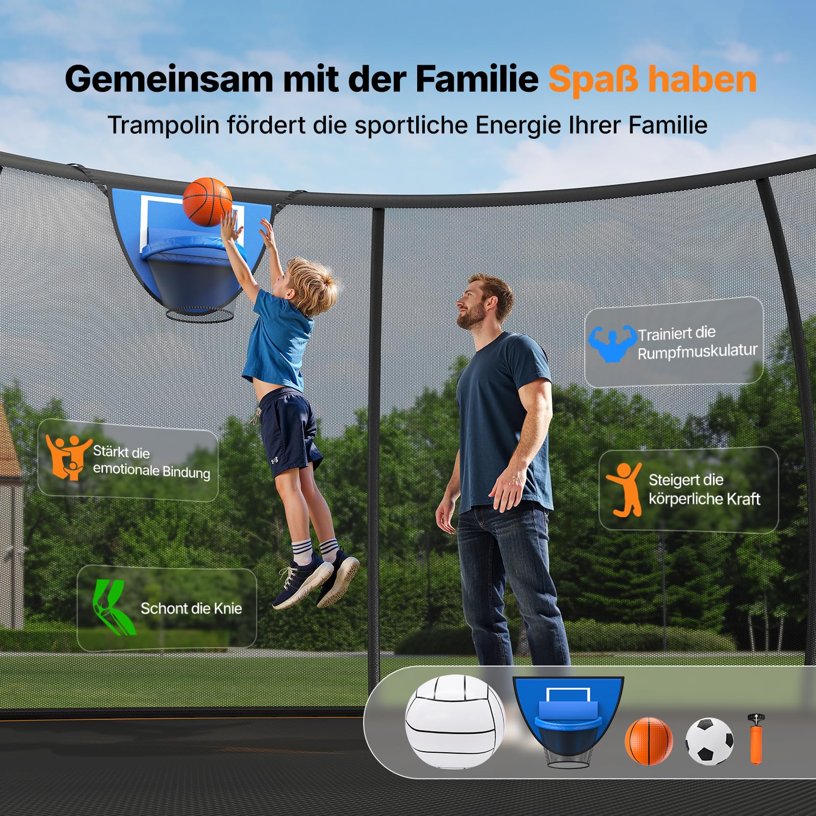 MERACH Trampolin Outdoor 305cm/366cm/427cm/488cm, Trampolin Sicherheitsnetz und Basketball, MaxLoad 150KG Bodentrampolin Outdoor Gartentrampolin 4