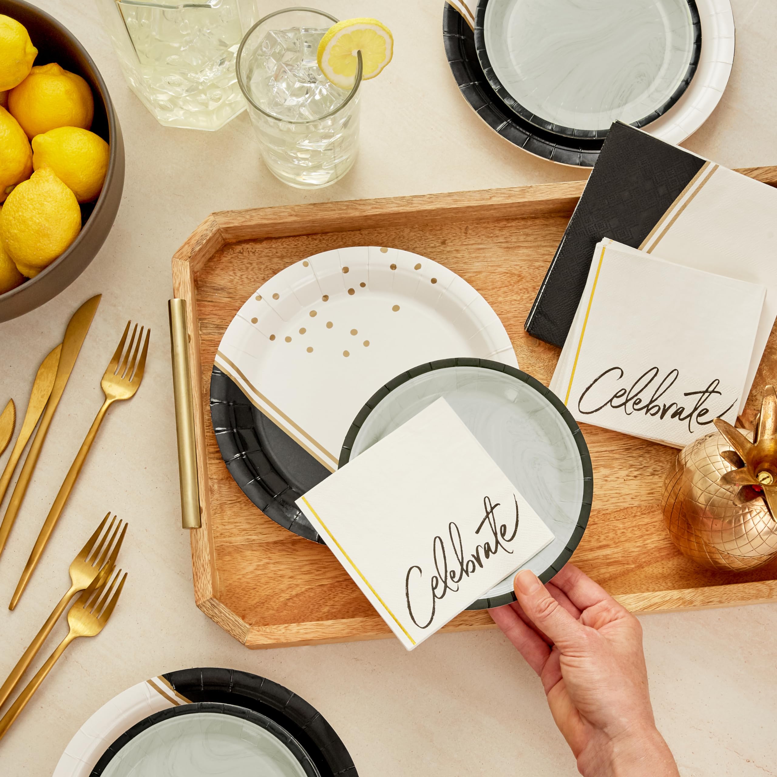 Hallmark Black and Gold Party Supplies (16 Round Dinner Plates, 16 Round Dessert Plates, 16 Beverage Napkins, 16 Dinner Napkins) for Weddings, Graduations, Engagements
