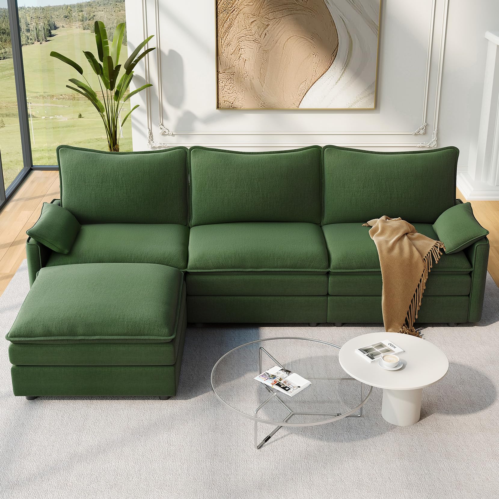 Photo 1 of ** 2 PIECES*** Vesgantti 108" Modular Sectional Sofa, Comfy Cloud Couch with Movable Ottoman Deep Seat Chenille L Shaped Modular Sofa, Sectional Couches for Living Room, Bedroom and Apartment, Green