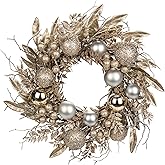 16 in. Unlit Christmas Wreath Champagne Door Wreath Handcrafted with Artificial Eucalyptus Berries Ornaments for Farmhouse Holiday Thanksgiving Christmas Decoration