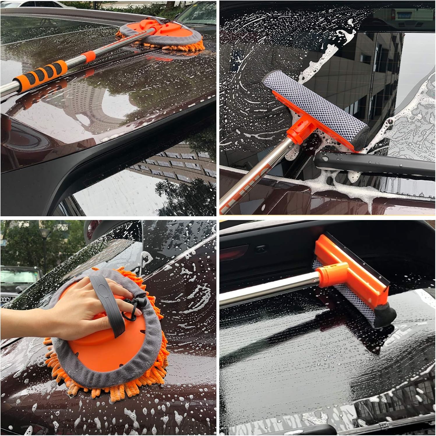 AgiiMan Car Wash Brush with Long Handle - 3 in 1 Car Cleaning Mop, Chenille Microfiber Mitt Set, Adjustable Length 24in-43in Glass Scrabber Vehicle Cleaner Kit: Automotive