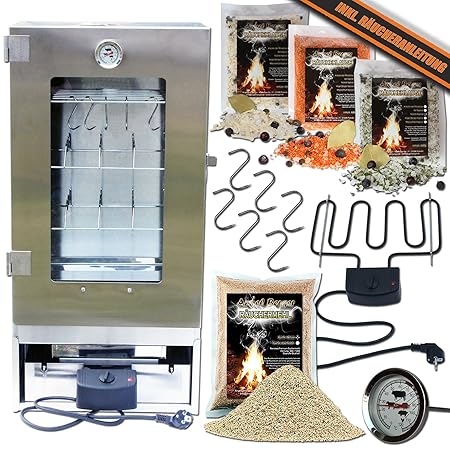 Angel-Berger Räucherofen aus Edelstahl mit Sichtfenster und Elektroheizung mit viel Zubehör