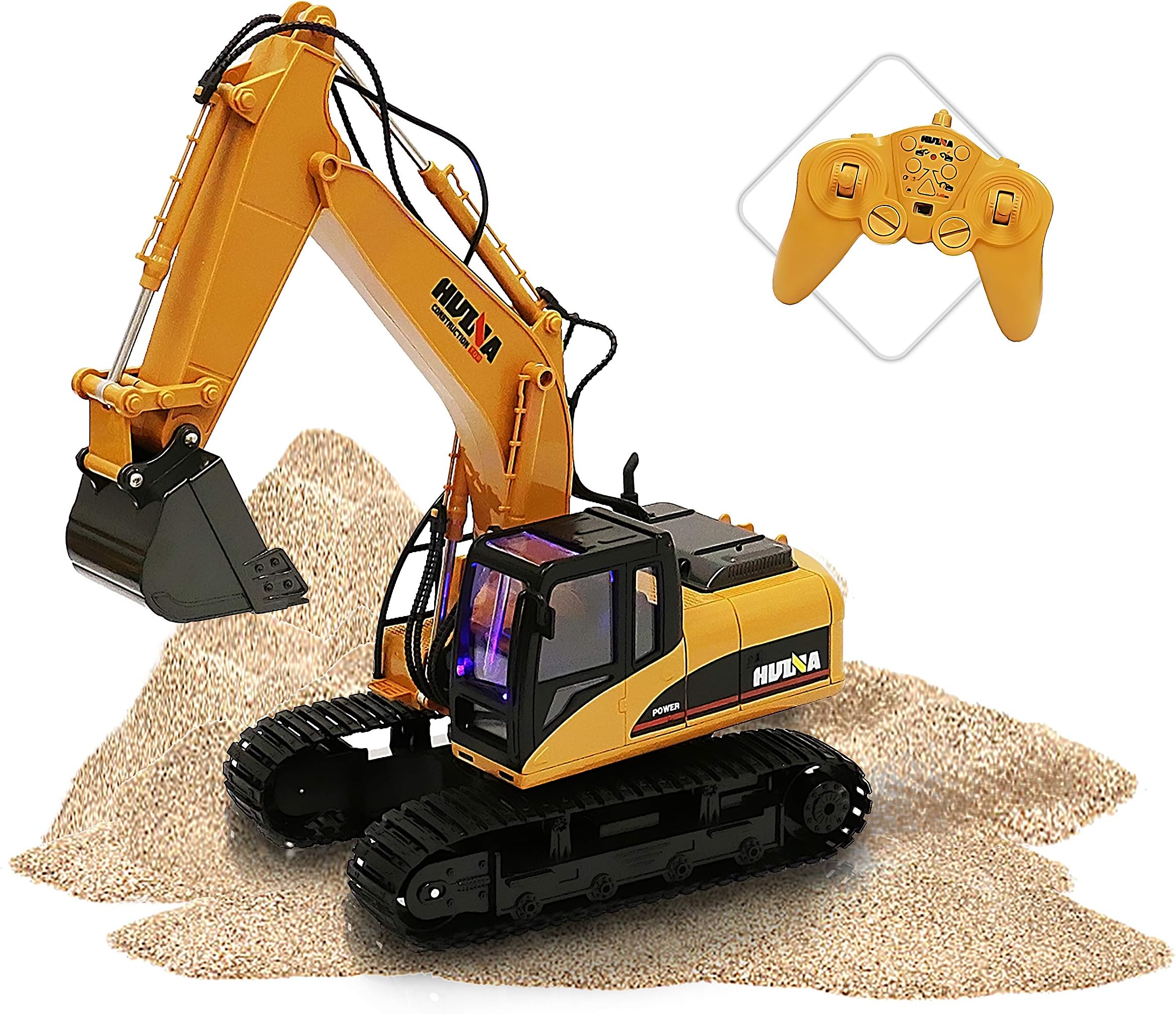 TOYTHRILL Remote Control Excavator - Fully Functional 15 Channel Die-Cast Construction Tractor - Lights, Sounds, Independently Rotating Workbench, Cab and Metal Shovel