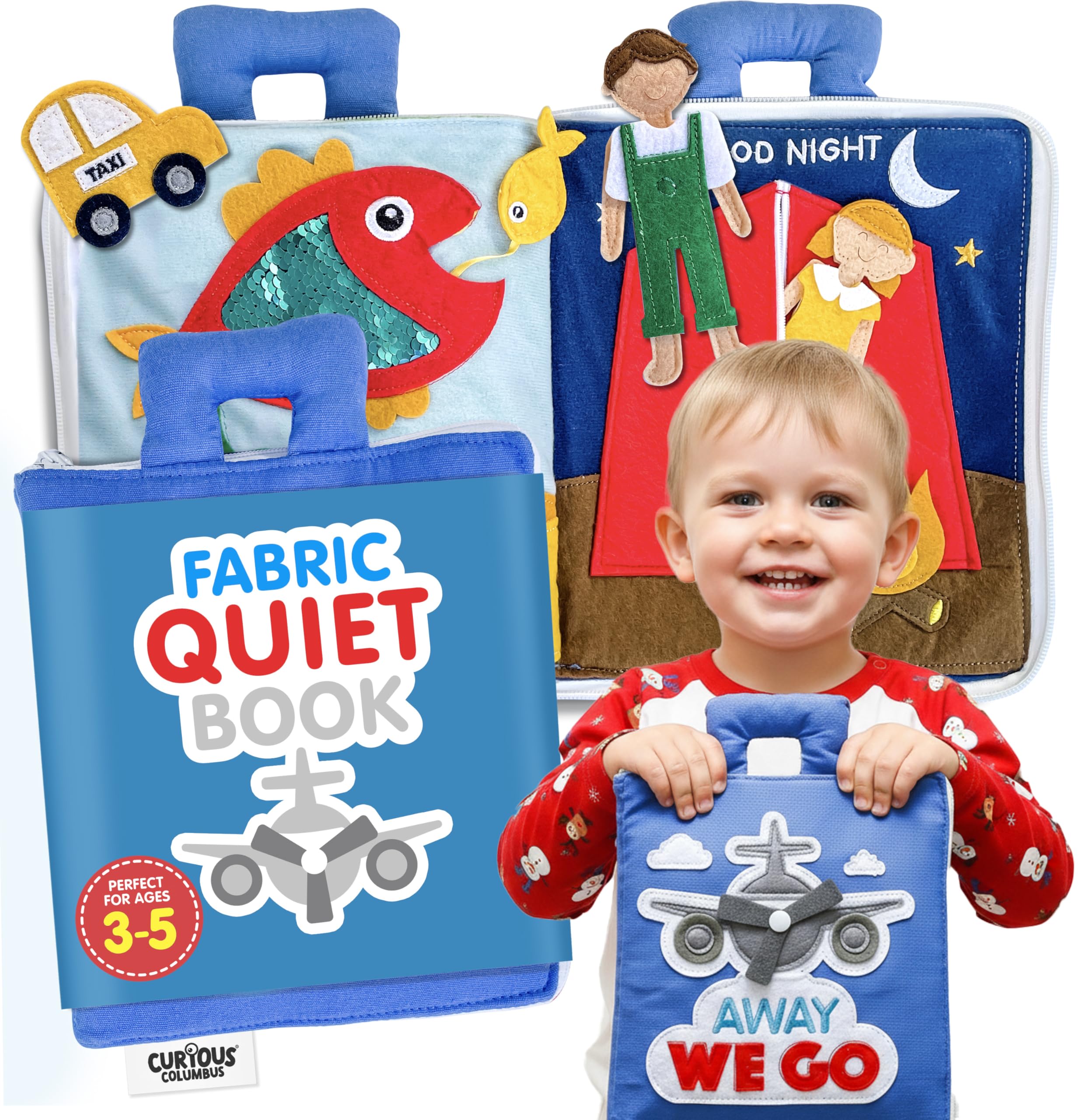 Curious Columbus Quiet Book – Away We Go Busy Book for Toddlers, Montessori Airplane Travel Toy for Preschool and Early Learning