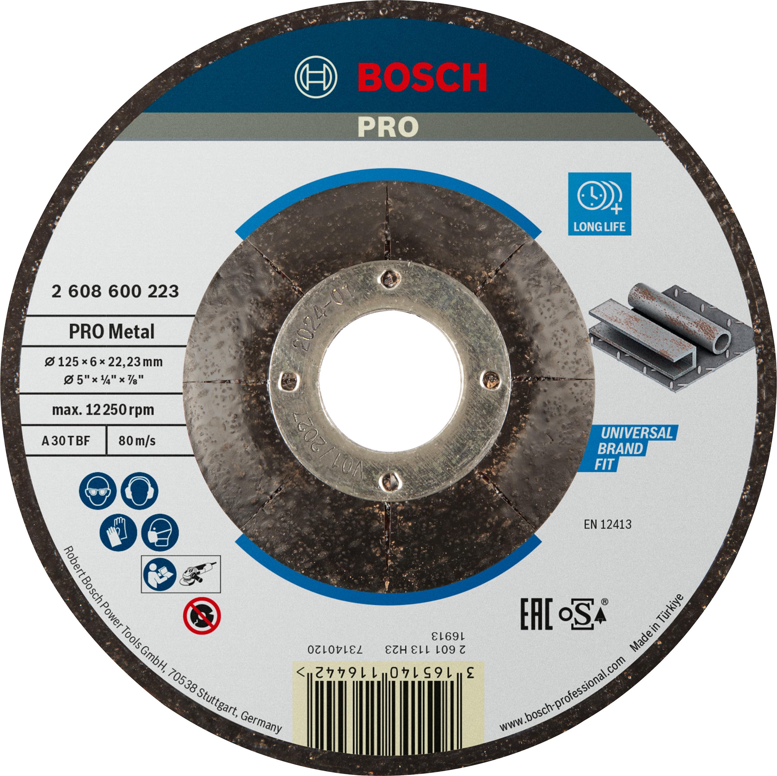 Bosch 1x PRO Metal Longlife Grinding Disc for Small Angle Grinder and Bore 22.23 mm (for Steel, Ø 125 mm, Professional Accessory Small Angle Grinder)
