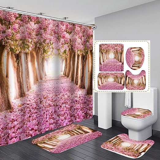 Amazon Com Fashion Man 4pcs Set Valentine S Day Romantic Rose Shower Curtain Floral Bath Curtain Waterproof Polyester Shower Curtain Bathroom Rugs Bath Mat Toilet Lid Cover Wtih 12 Hooks 72x72in Sakura Home Kitchen