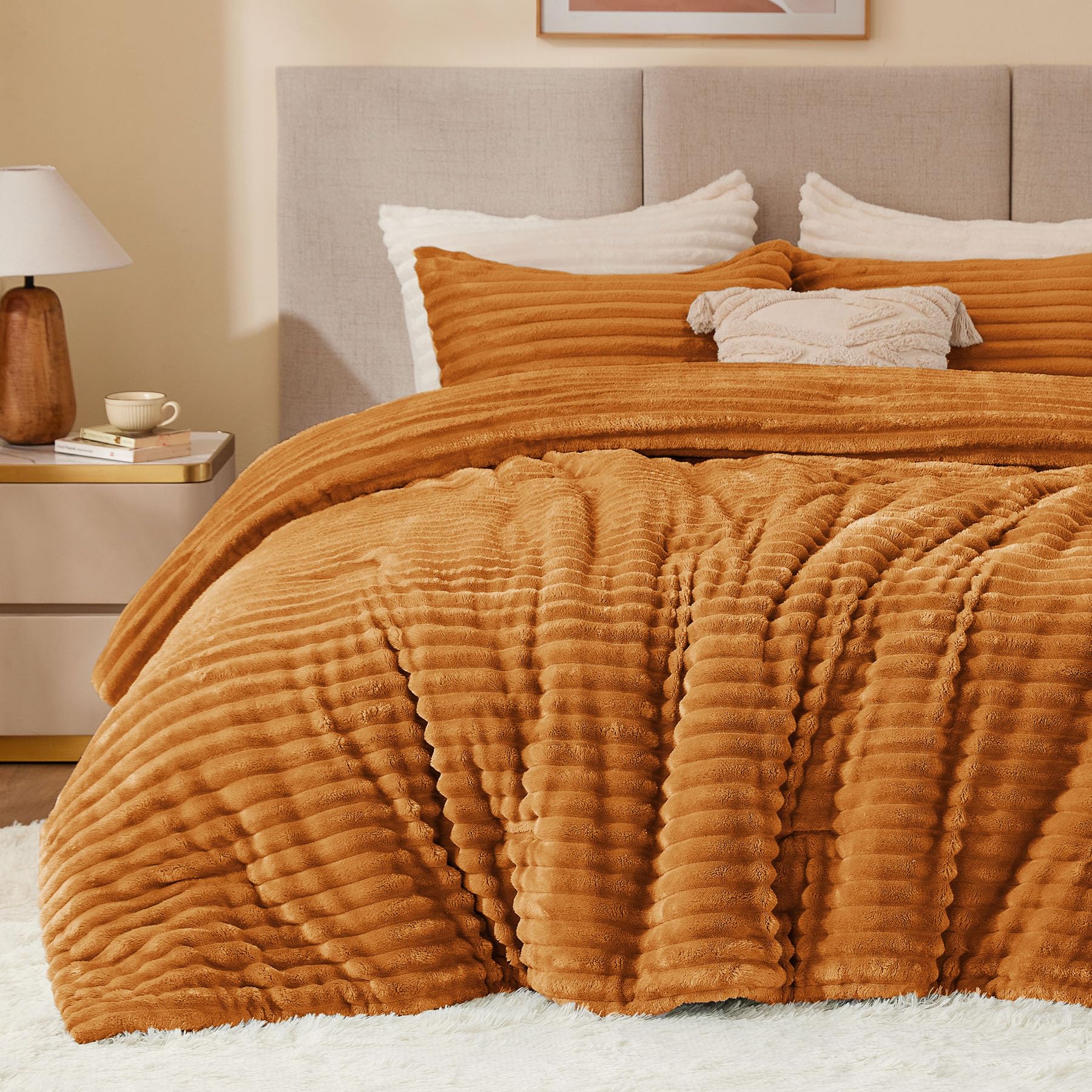 BEDELITE Fleece Queen Comforter Set -Super Soft & Warm Fluffy Rust Orange Bedding, Luxury Fuzzy Heavy Bed Set for Winter with 2 Pillow Cases Image