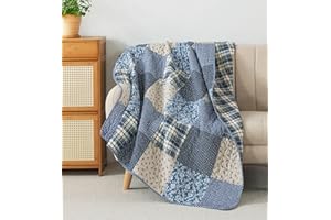 SLPR Blue Symphony 50" x 60" Cotton Quilted Throw Blanket, Country Farmhouse Checkered Patchwork Throw Quilt for Couch, Lightweight Pieced Lap Quilt with Check and Plaid Pattern