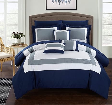 Amazon Com Chic Home Cs1459 10 Piece Duke Patchwork Color Block Complete King Bed In A Bag Comforter Set Navy Sheets Included Home Kitchen