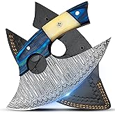 RC Knives Damascus Ulu Knife with Leather Sheath - Handmade Pizza Cutter with Non-Slip Wooden Handle - Alaska Ulu Knife Used For Multi-Purpose in Kitchen & Outdoor - Best Gift for your loved one