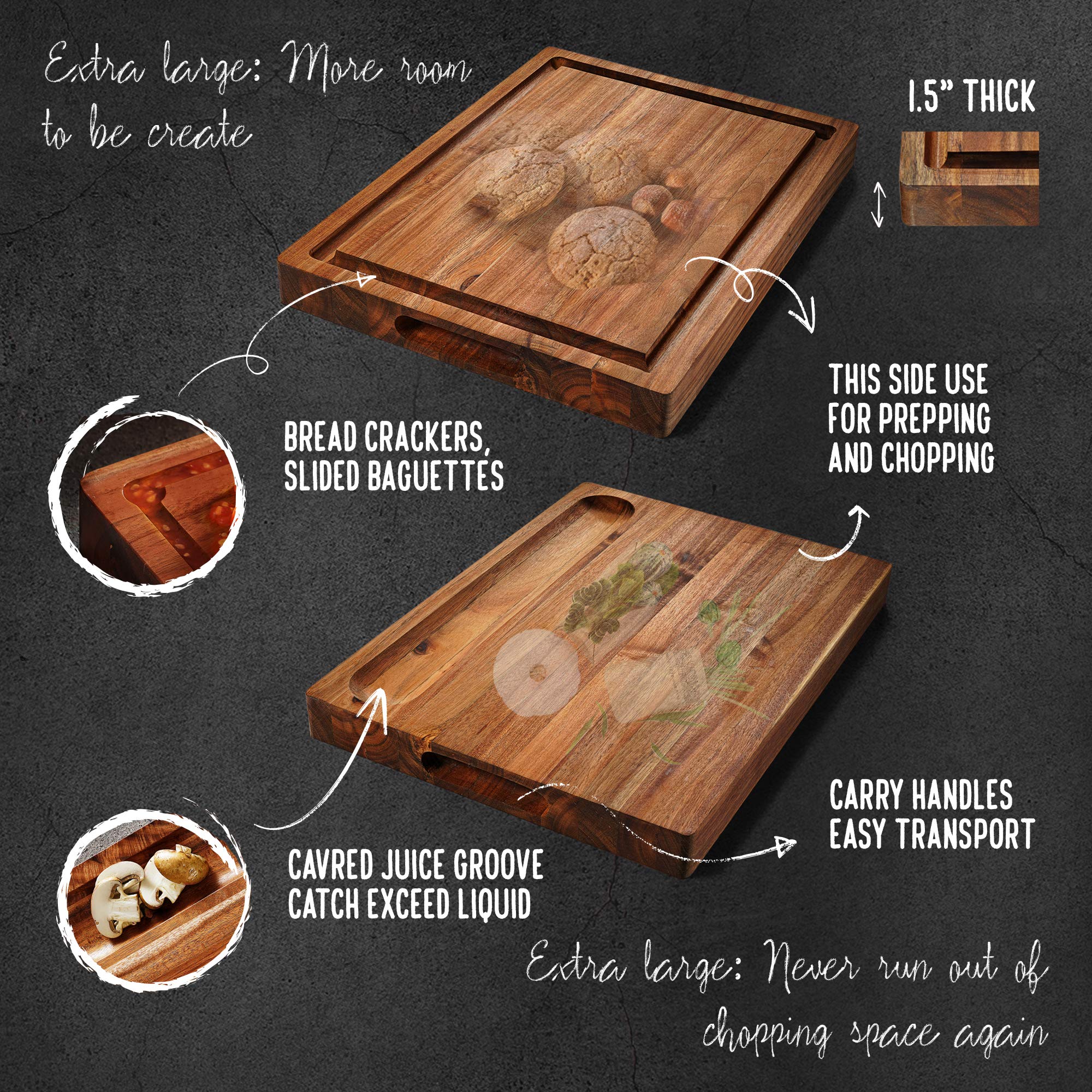 Acacia Wood Cutting Board (16x12x1.5in) and Wooden Butcher Block, Chopping Board - Reversible Multipurpose For Meat, Cheese Board, Vegetables, Bread...with Juice Groove, Cracker Holder & Inner Handles