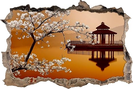 Pixxprint 3D_WD_S2245_62x42 wundervoller Kirschbaum an Japanischem See Wanddurchbruch 3D Wandtattoo, Vinyl, bunt, 62 x 42 x 0