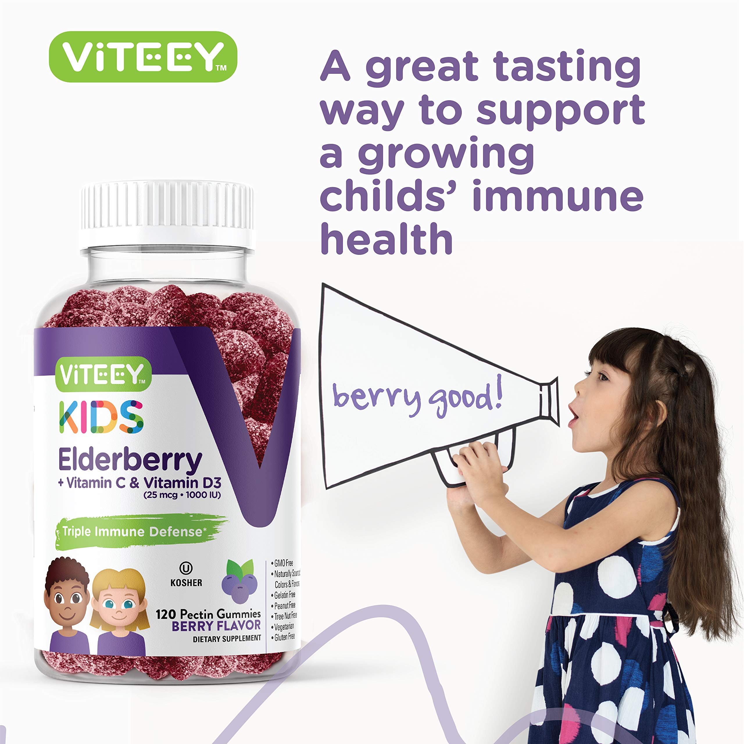 Viteey Sambucus Elderberry Gummies for Kids Immune Support Supplements with Vitamin D3 & Vitamin C 3-1 Immune Booster - Vegetarian, Gelatin Free, Gluten Free, GMO Free - Tasty Chewable Berry Flavored