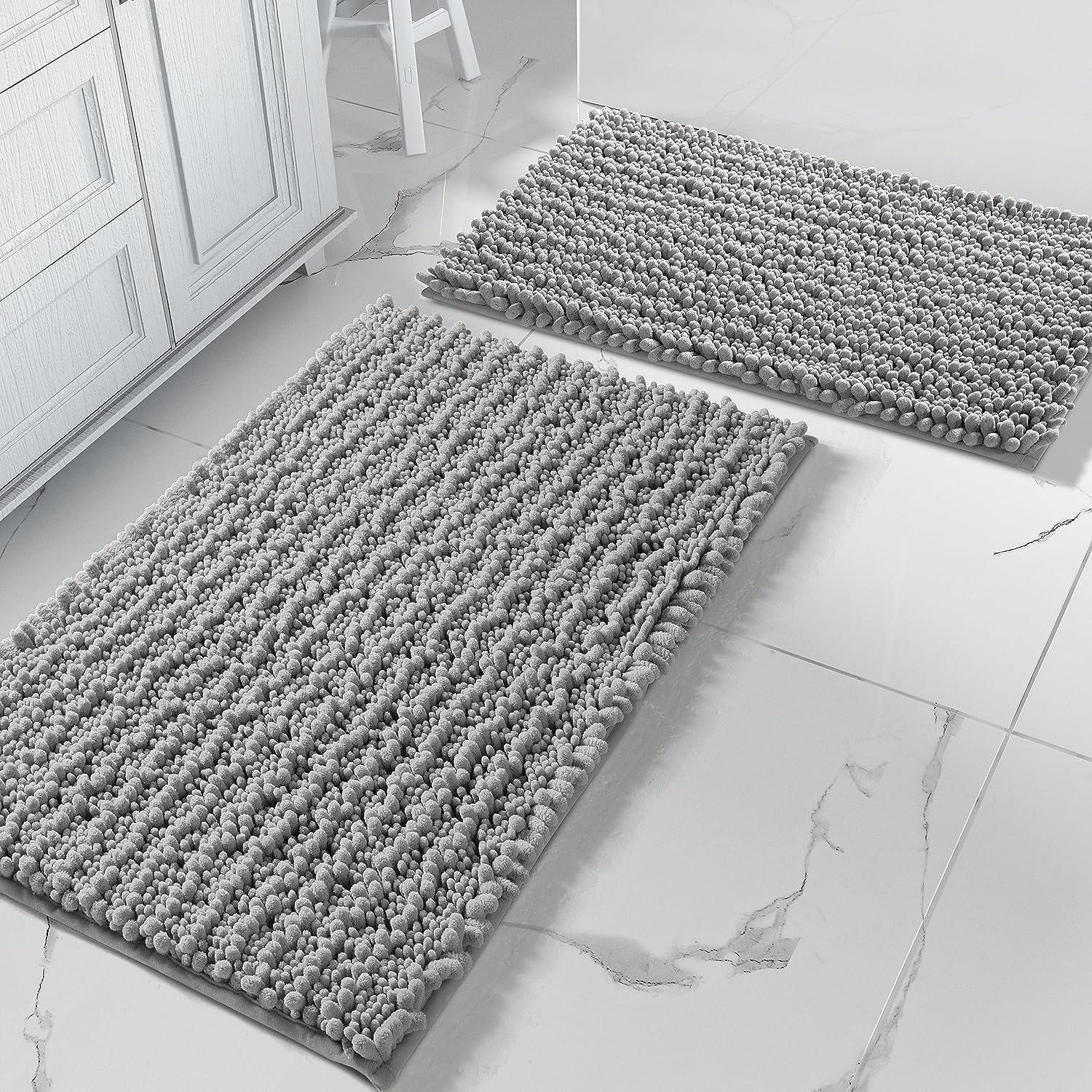 Yimobra Bath Mat Sets 2 Piece, Luxury Chenille Shaggy Bath Carpet, Soft & Thick, Absorbent Water, Non-Slip, Machine-Washable, Mats for Floor, Tub and Shower, 51x81+61x51 cm, Grey