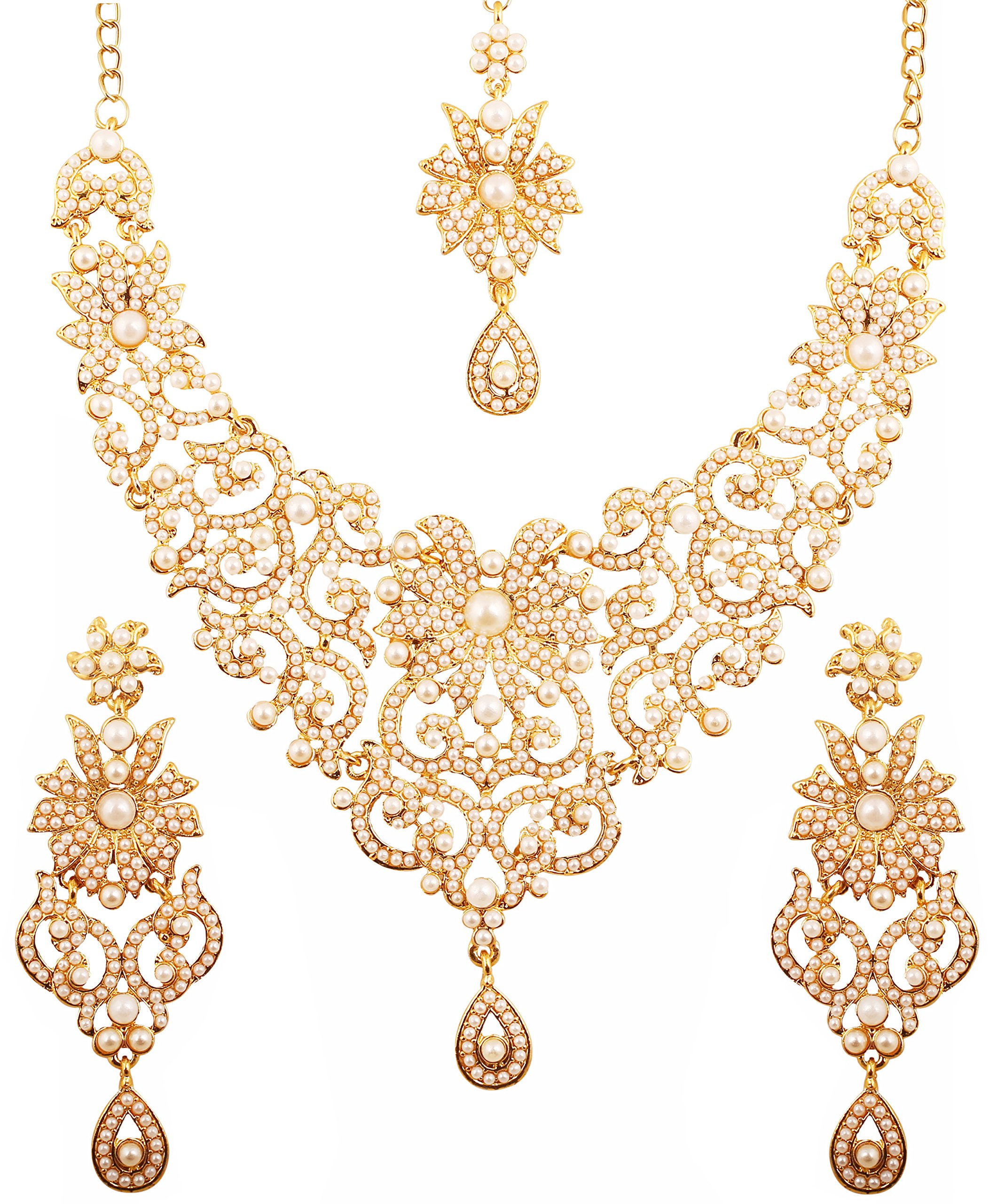 Touchstone Indian Bollywood Traditional Royal Look Fine Filigree Carving Faux Pearls Grand Bridal Designer Jewelry Necklace Set for Women in Antique Gold Tone.