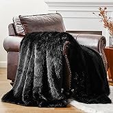BATTILO HOME Luxury Fluffy Black Faux Fur Throw Blanket, Black Blanket for Couch, Sofa, Chair, Bed, Plush Fuzzy Cozy Fur Throws with Long Pile, 50"x60"