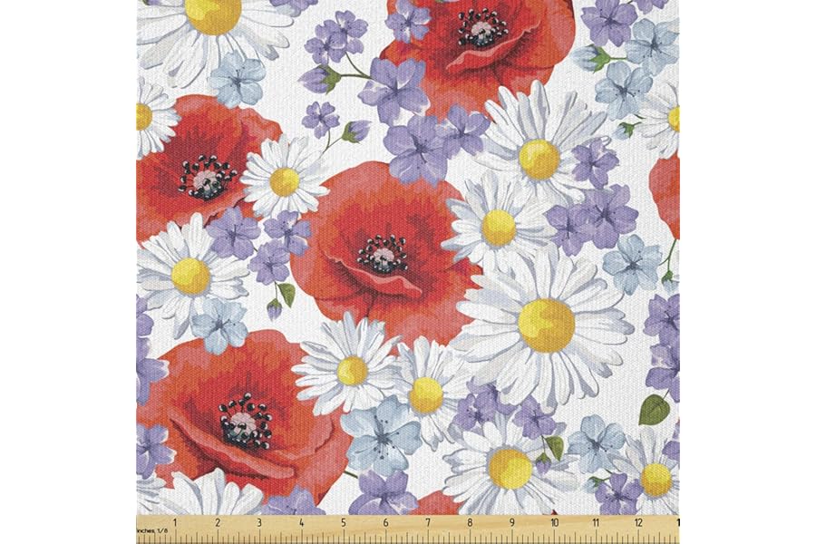 Ambesonne Flower Fabric by The Yard Purple Flowers Poppy and Daisy Summer Nature Wildflowers Graphic Stretch Knit Fabric for DIY Costumes Jackets Pants Sewing and Arts Crafts 1 Yard Lavender Scarlet