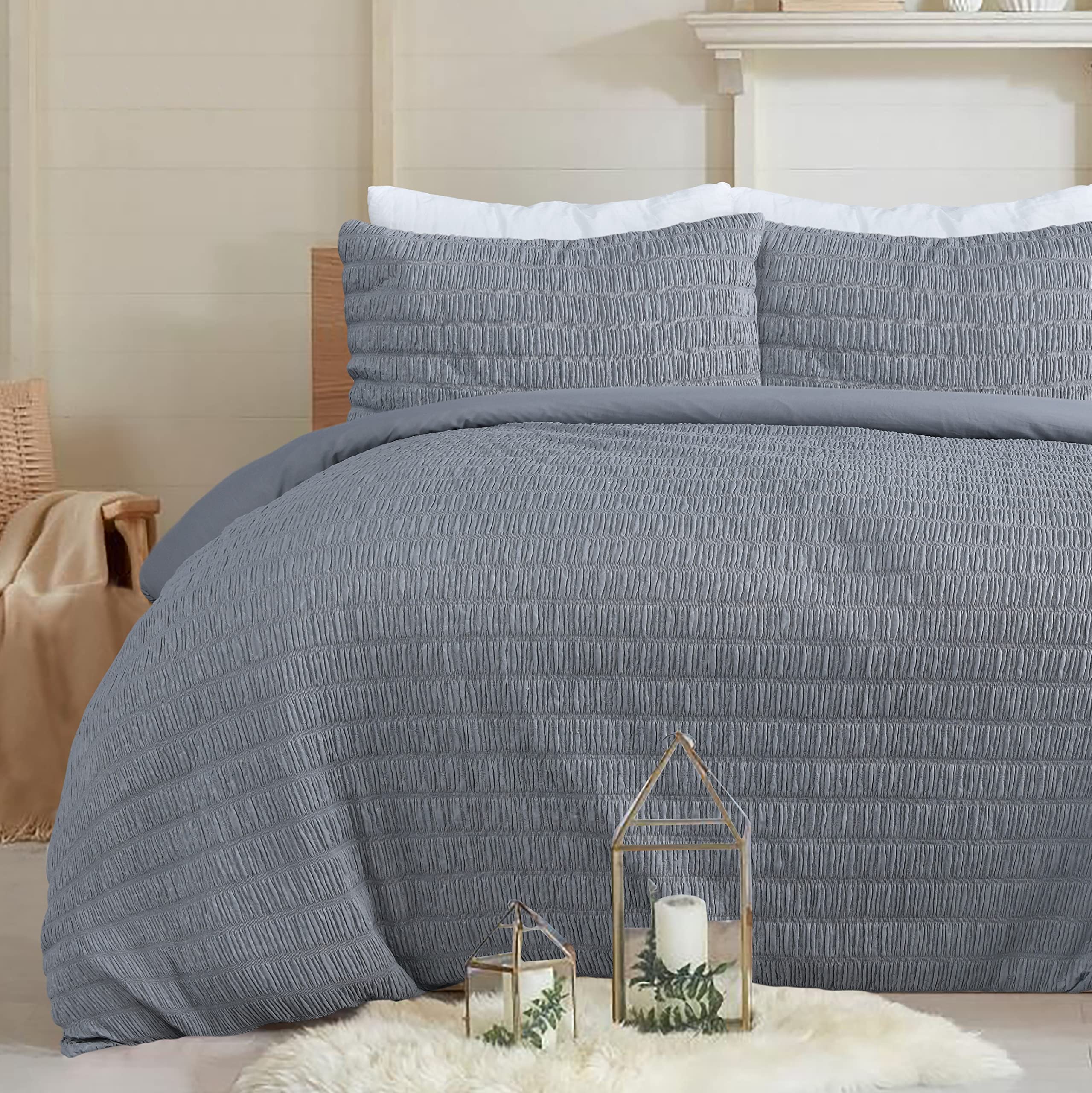 Sleepdown Seersucker Embossed Geometric Textured Charcoal Grey Duvet Cover Quilt Pillow Cases Bedding Set Soft Easy Care - Double (200cm x 200cm)