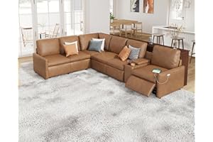 AMERLIFE Power Recliner, Reclining Sectional Sofa with Console& Single Right Recliner, 6 Seats L Shaped Couch with Cup Holder& Charging Socket, Leather Modular Sofa for Living Room