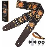 Nefelibata Guitar Strap, Sun &amp; Moon Embroidery Guitar Straps with Head Cowhide Leather Ends for Bass, Electric &amp; Acoustic Guitars, Free Strap Button, 1 Pair Strap Locks and 4 Guitar Picks