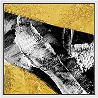 SIGNWIN Framed Canvas Wall Art Gold, Black, Grey Lines and Color Blocks Abstract Brushstroke Oil Painting Modern Art Chic Expressive for Living Room, Bedroom, Office - 16x16 inches