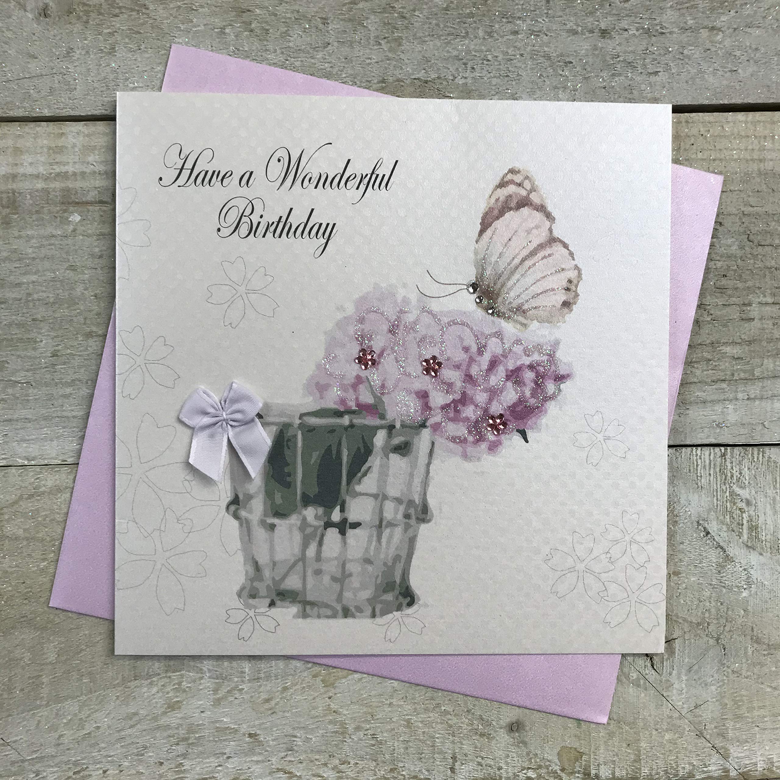 White Cotton Cards "Have A Wonderful Birthday Handmade Birthday Card, Pretty Flowers & Butterlies (BD174)