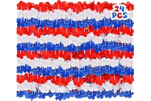 ARROWOM 4th of July Accessories, 24pcs Patriotic Leis Fourth of July Clothing Costume, Red Blue White Silk Flower Leis Costume Accessories, Independence Day Lei for Memorial Day Veterans Day Patriotic Parade