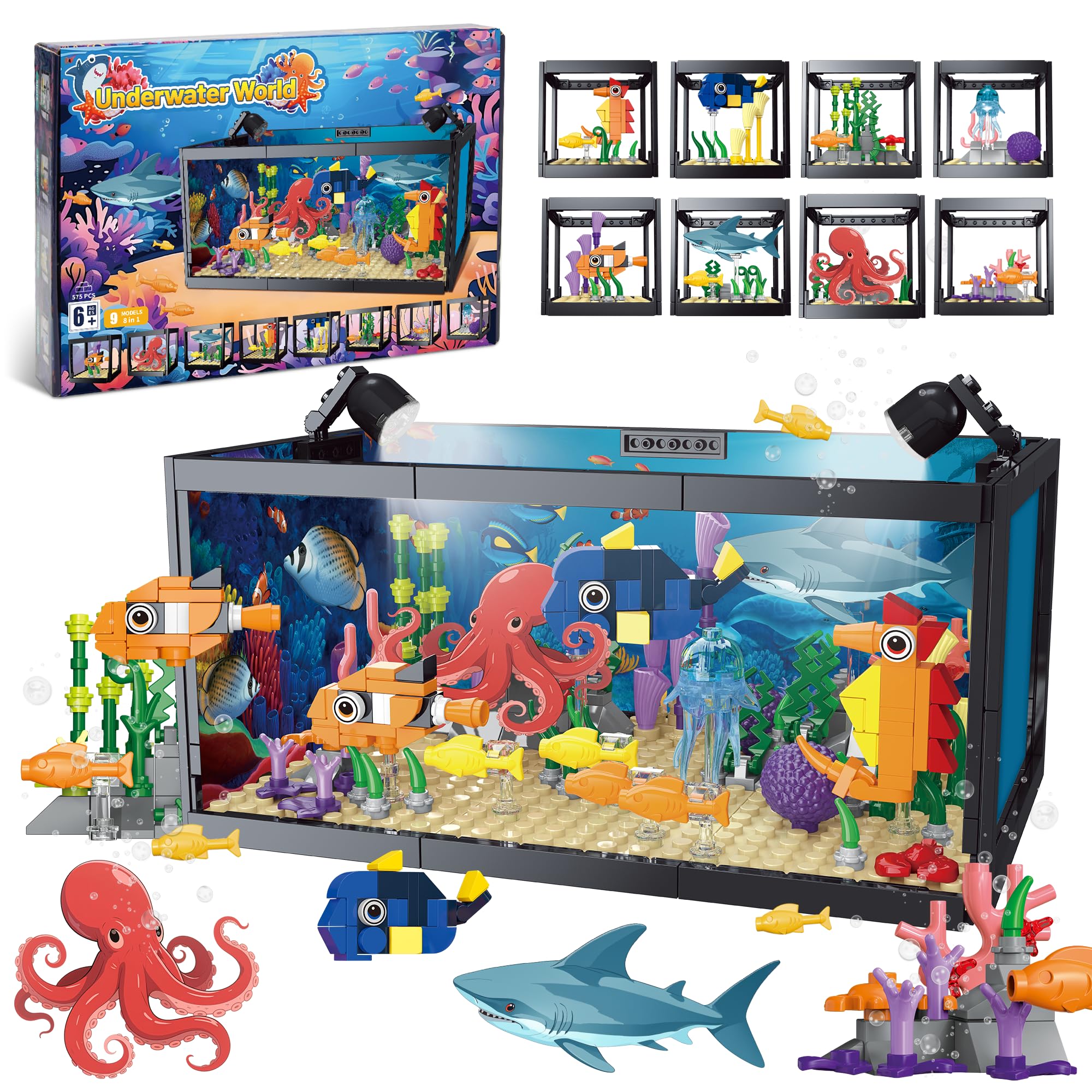 Photo 1 of AKWME 8 in 1 Fish Tank Building Sets, Marine Aquarium Building Block with LED Light Party Favors 9 Model Toy Including Octopus Crab, Christmas Birthday Gifts for Boys Girls Kids Ages 6 8 10 12+