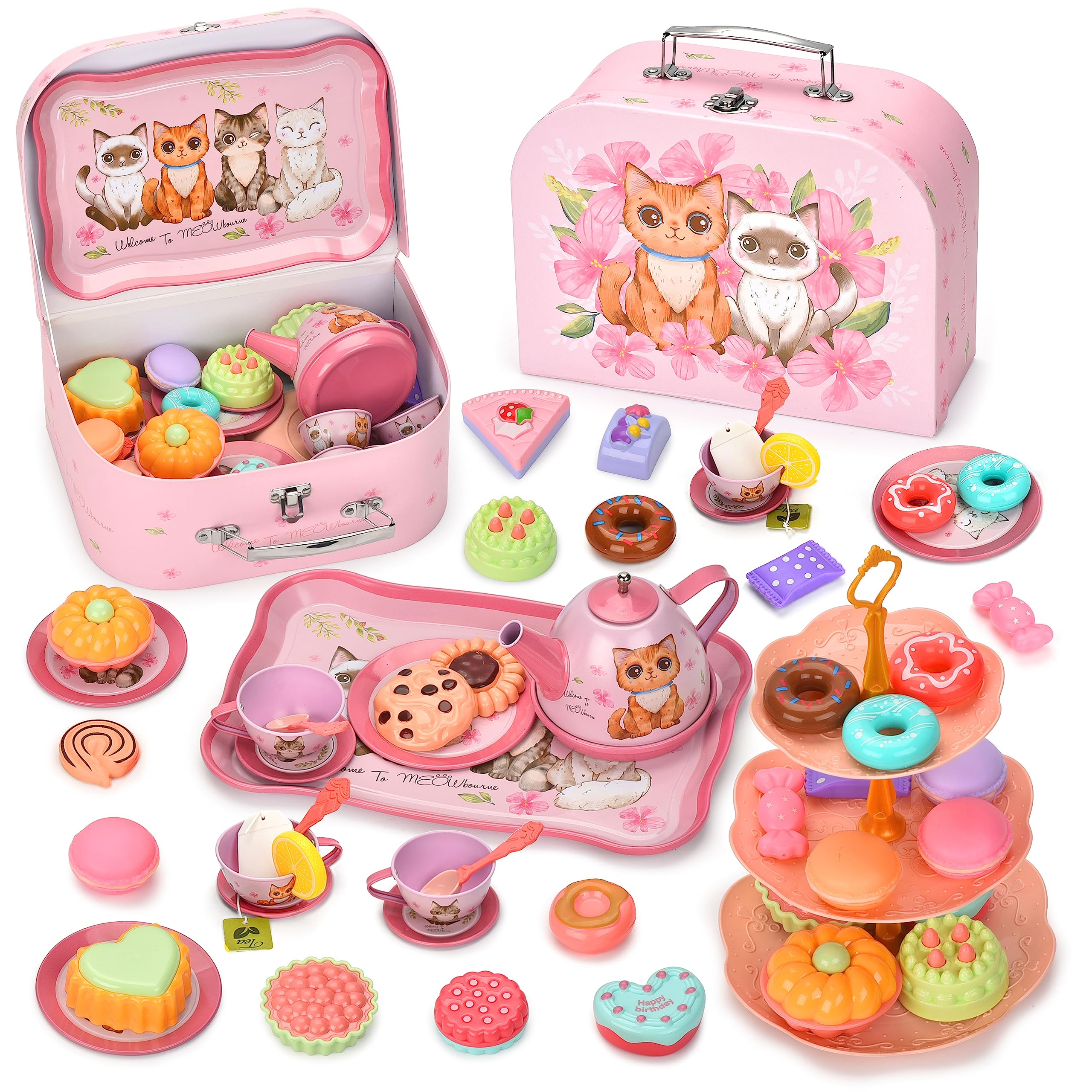 FLORMOON Little Girl Tea Set, 50PCS Princess Play Tea Set, Pretend Kitchen Toy, Learning Shapes & Colors Toy for Kids Children Tea Party and Fun