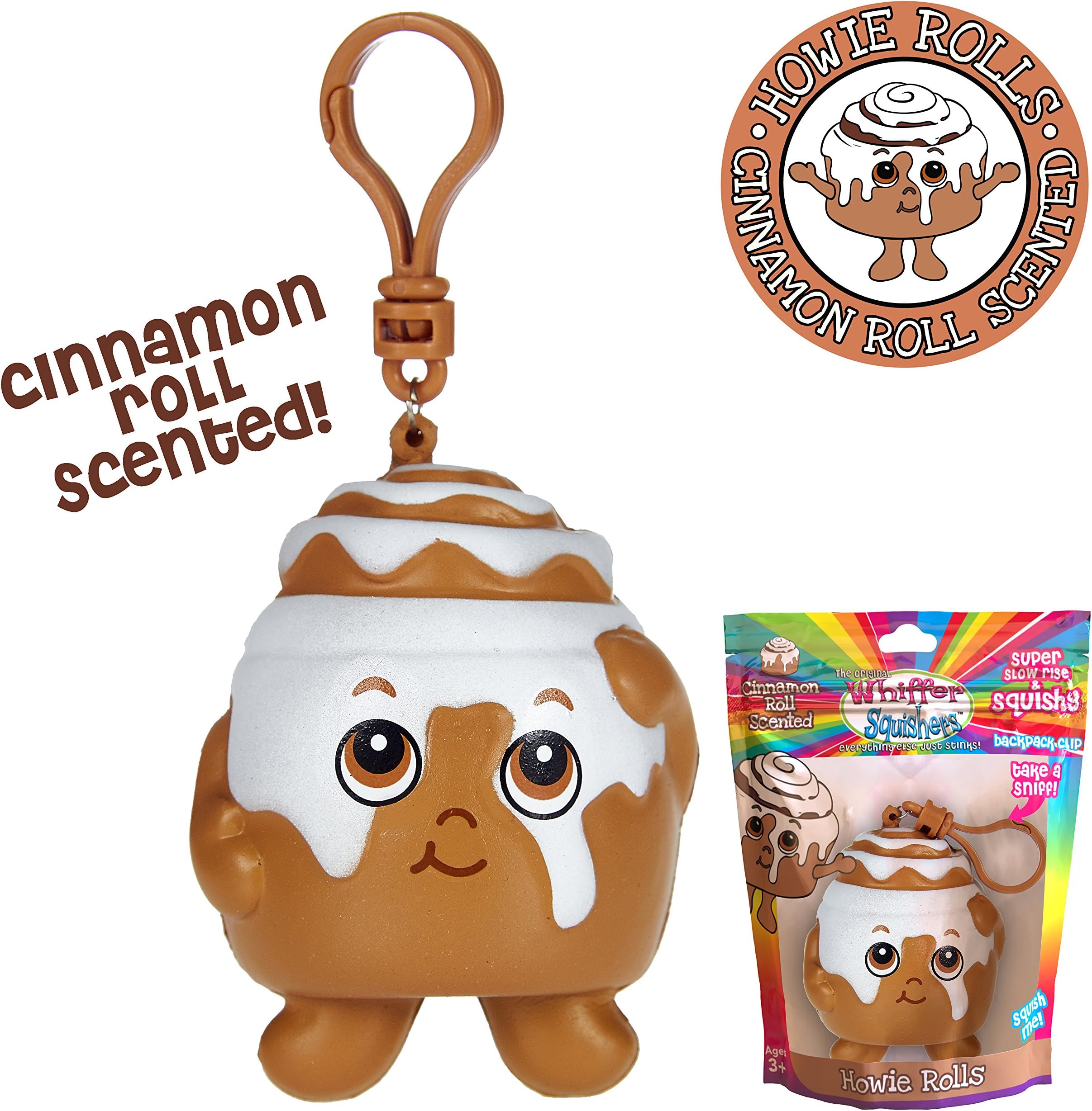 Whiffer Squishers 'Howie Rolls' Slow Rising Squishy Toy Cinnamon Roll Scented Backpack Clip