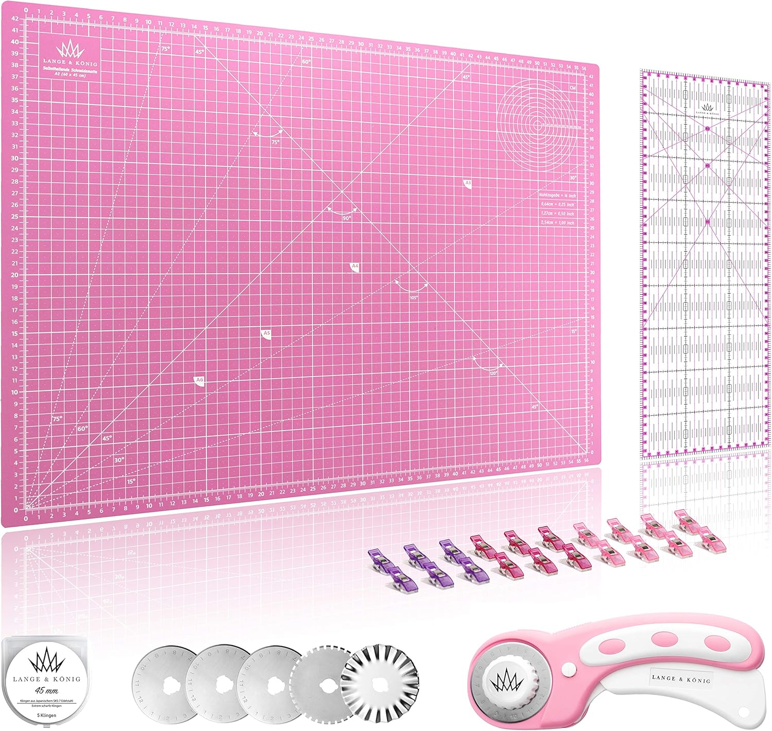 Lange & König A2 Rollschneider Set Inkl. A2 Schneidematte, Rollschneider, 5 Ersatzklingen, Patchwork-Lineal + 20 Stoffklammern als Nähzubehör