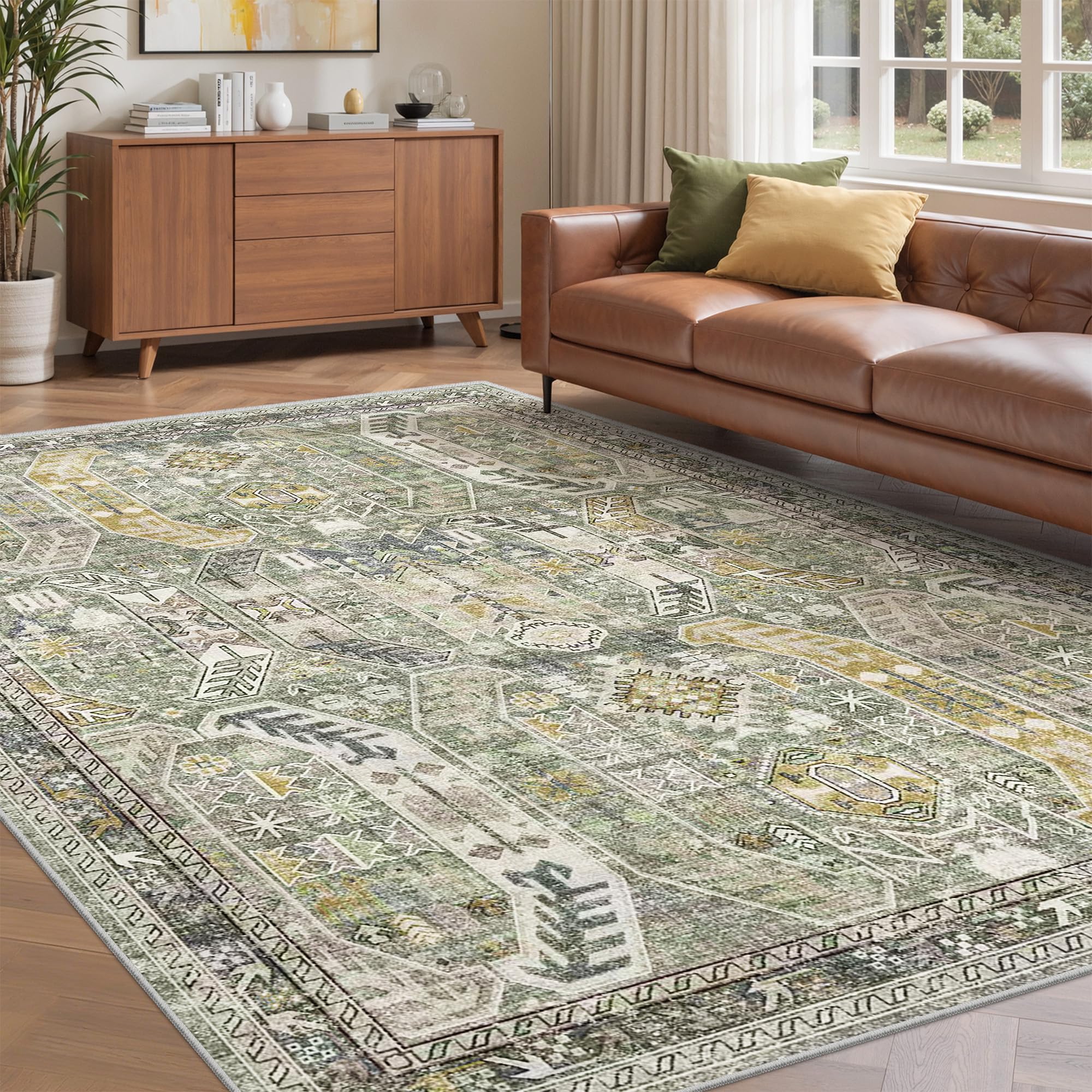 Photo 1 of befbee 6x9 Area Rugs for Living Room - Stain Resistant Machine Washable Rugs for Bedroom,Non-Slip Backing Large Area Rug (Green/Gold, 6'x9')
