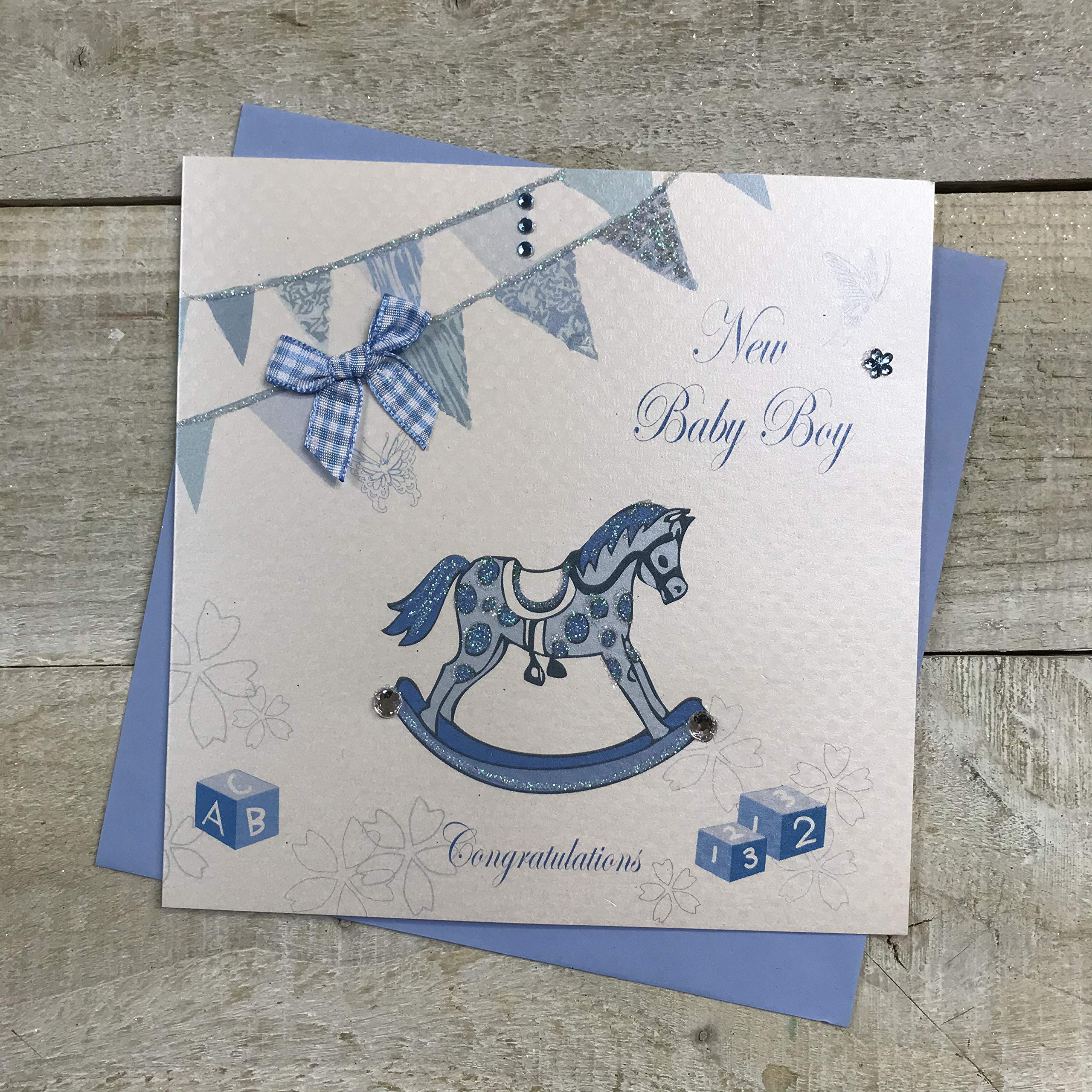 white cotton cards New Baby Boy Congratulations Card, White, PD58, 16cm x 16cm