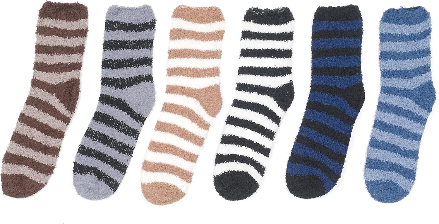 6 Pair Of excellent Mens Striped Winter Warm Fuzzy Socks, Sock Size 10