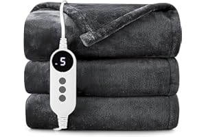 HYLEORY Heated Electric Blanket Throw, 2-Layer Cozy Warm Flannel 50" x 60", Heating Blanket with 9 Heating Levels, 2/4/6/10 Hours Auto Off, Fast Heating Winter Blanket, Dark Grey