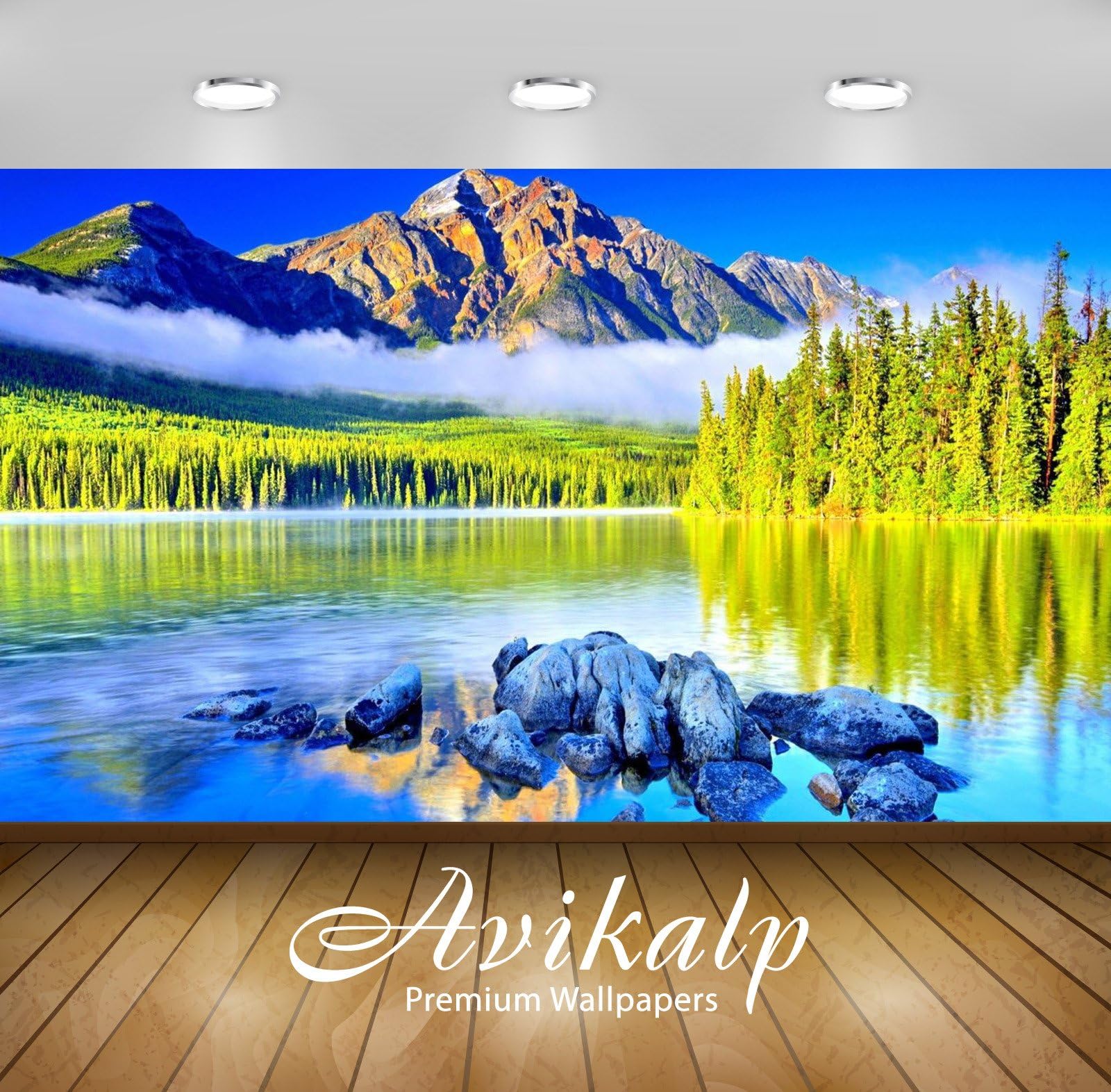 Avikalp Vinyl Full HD Landscape Pine Forest, Fog Taggart Lake, Rocks, Clouds, Grand Teton National Park USA Wallpaper, 5x4ft (Multicolour, Awi2684)