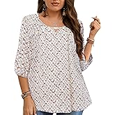 Siddhe Womens Plus Size Tops 3/4 Sleeve Chiffon Blouses Floral Double Layer Shirts V Neck with Beads 2026 Fashion XL-5XL