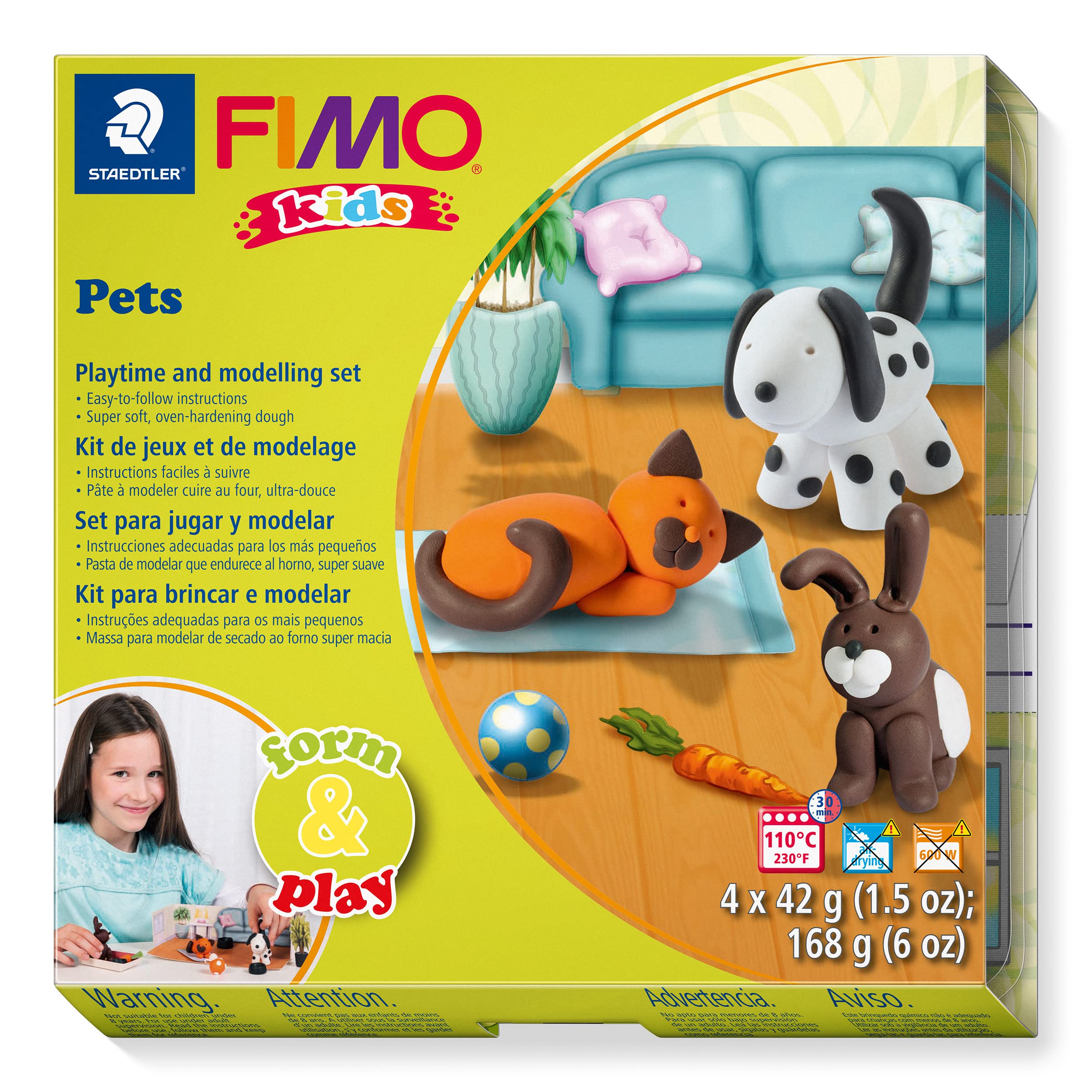 STAEDTLER 8034 02 LZ FIMO Kids Form&Play Playtime & Modelling Polymer Clay Set - "Pets" (Pack of 4 Blocks, Stickers, Modelling Tools & Background Scene)