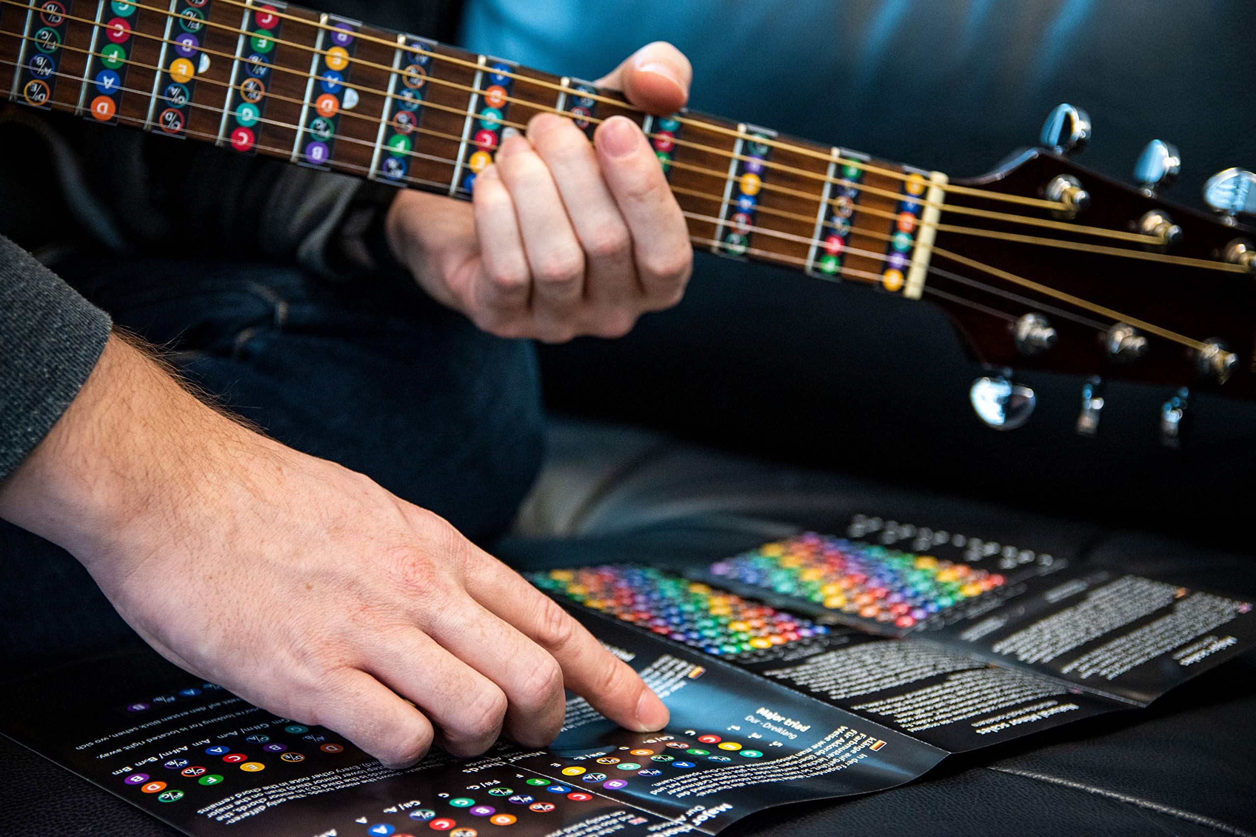 Guitar Fretboard Stickers, Colour Coded Sheet Music Stickers with Major & Minor Scales Chart and Triads