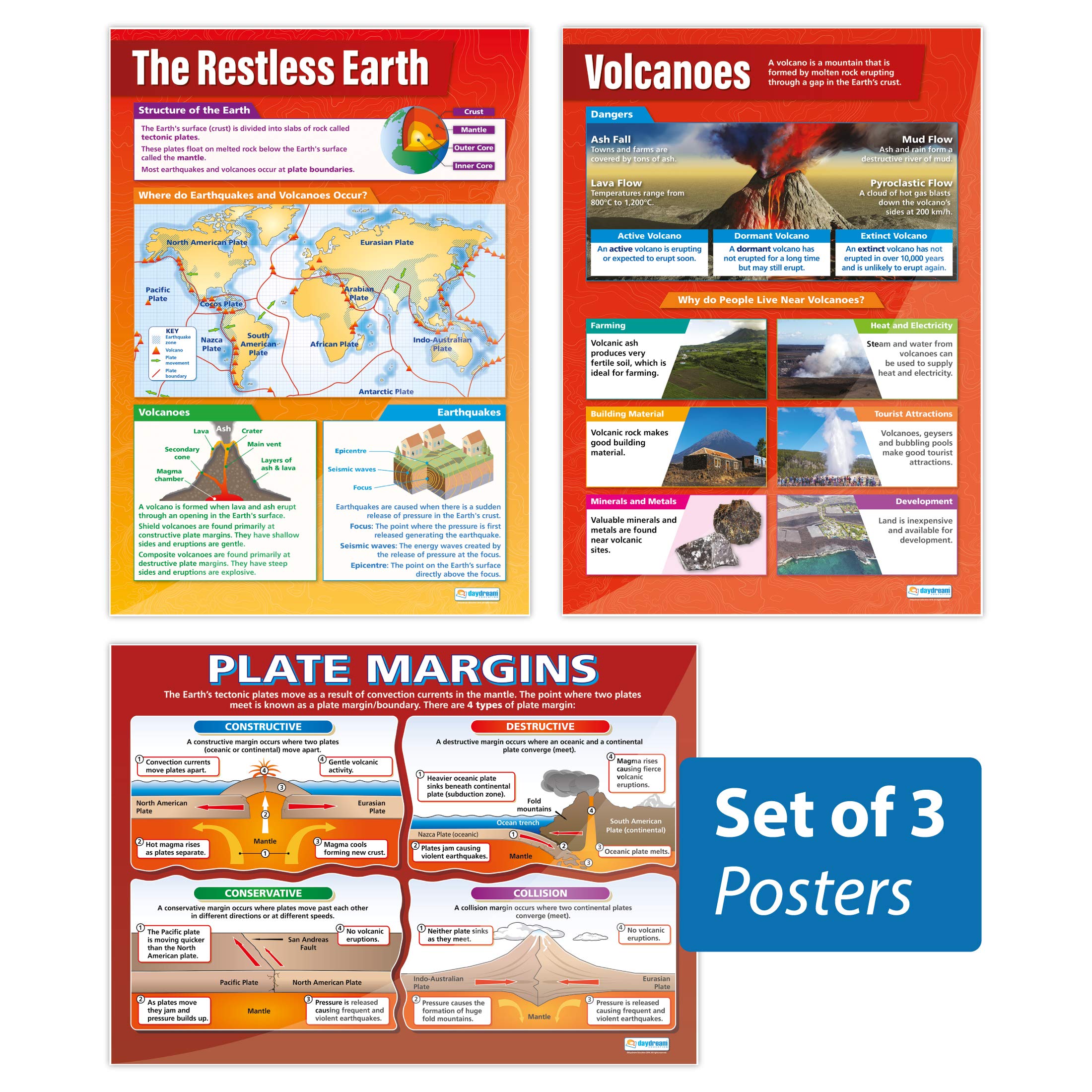 Daydream Education Restless Earth Posters - Set of 3 | Geography Posters | Gloss Paper measuring 850mm x 594mm (A1) | Geography Classroom Posters | Education Charts