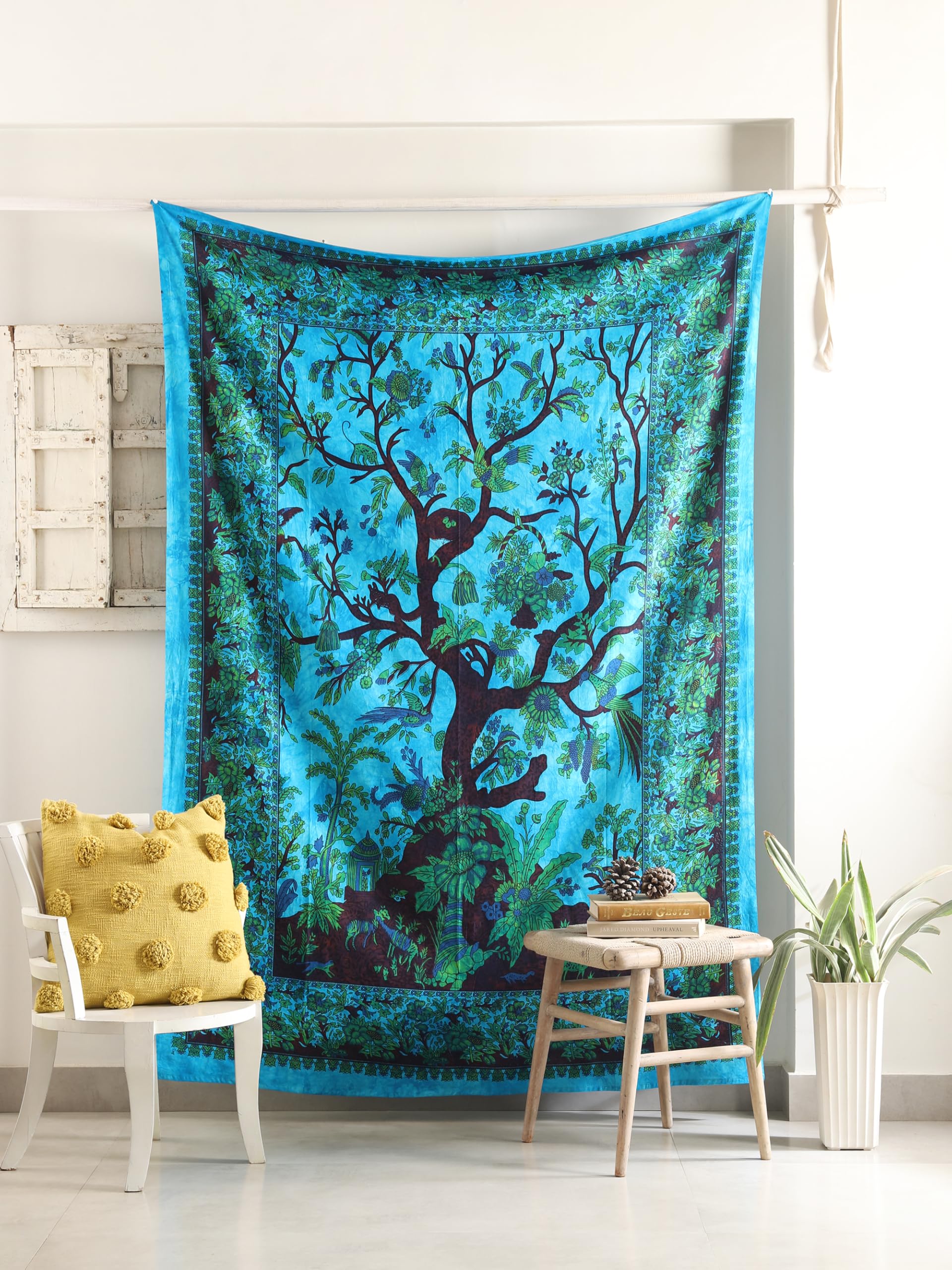 Popular Handicrafts Tapestry Tree Of Life Hippie Kaleidoscopic Intricate Floral Design Indian Bedspread Wall Hanging 54x84 Inches,(140cmsx215cms) Turquoise — image 1