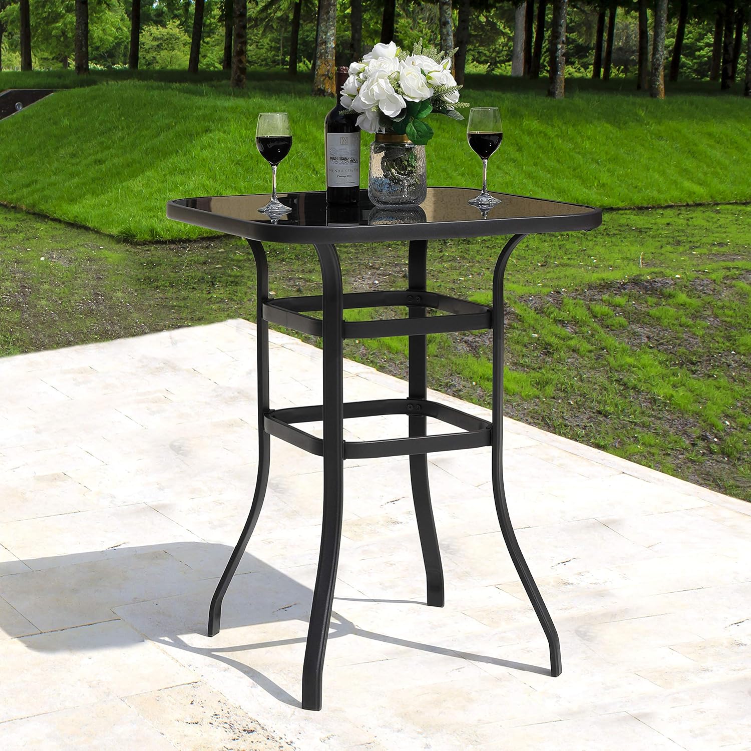 Nuu Garden Outdoor Bar Height Patio Tables, 32 Inch Square Steel Frame High Top Bar Table, Tempered Glass Table Top, Black: Garden & Outdoor