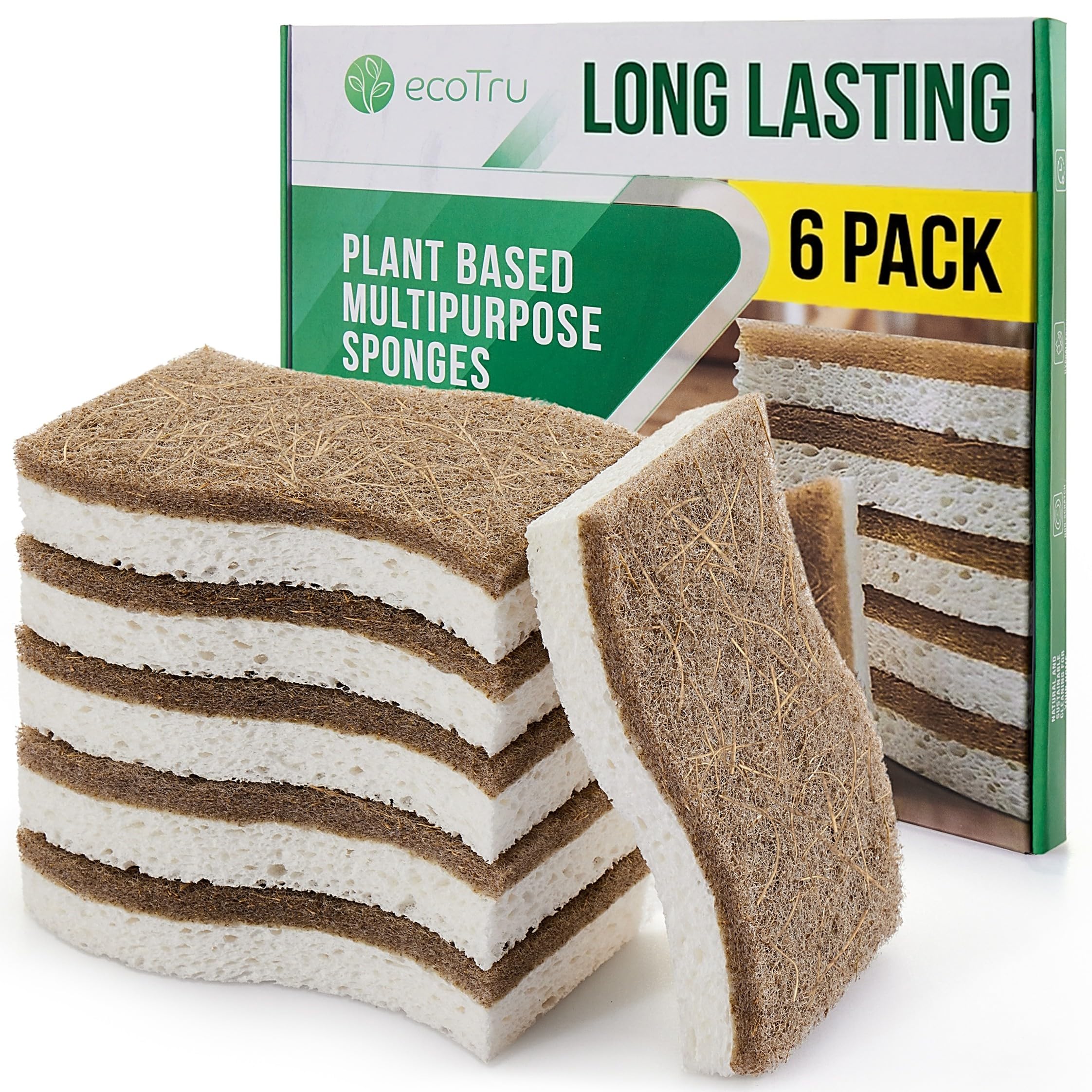 ecoTru 6 Pack Natural Washing Up Sponge, UK Brand Eco Friendly Kitchen Dish Cleaning Sponges, Compostable Cellulose & Coconut Eco Sponges & Scourers, Biodegradable Non Scratch for Heavy Duty Scrubbing