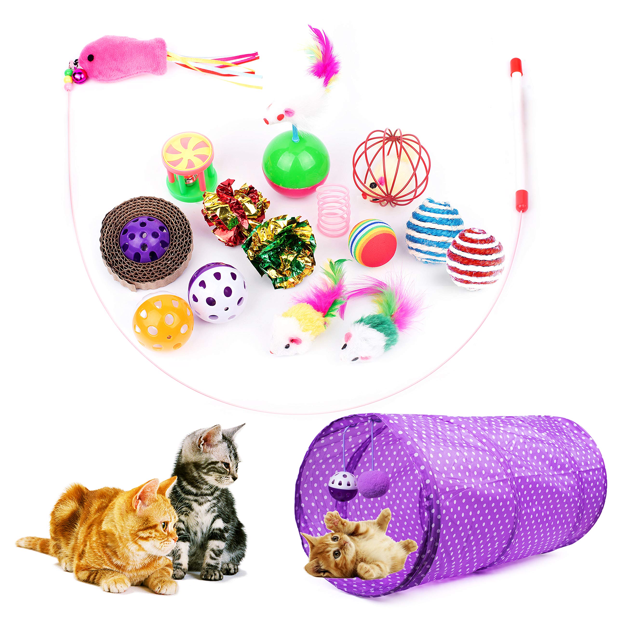 Cottia 16PCS Cat Toys Variety Pack - 2 Way Tunnel, Fluffy Mice, Cat Teaser, Tumbler, Spring Balls, Interactive Play & Exercise Kitten Toys Cat, Kitty (Color May Vary)