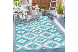 Vaukki Reversible Mat, Diamond Fade Resistant Plastic Straw Rug, Outdoor Plastic Patio Rug, Lightweight Stain Proof Carpets for Patio, RV, Camping, Beach, Deck, Backyard and Picnic(4'x6', Multi-Teal)