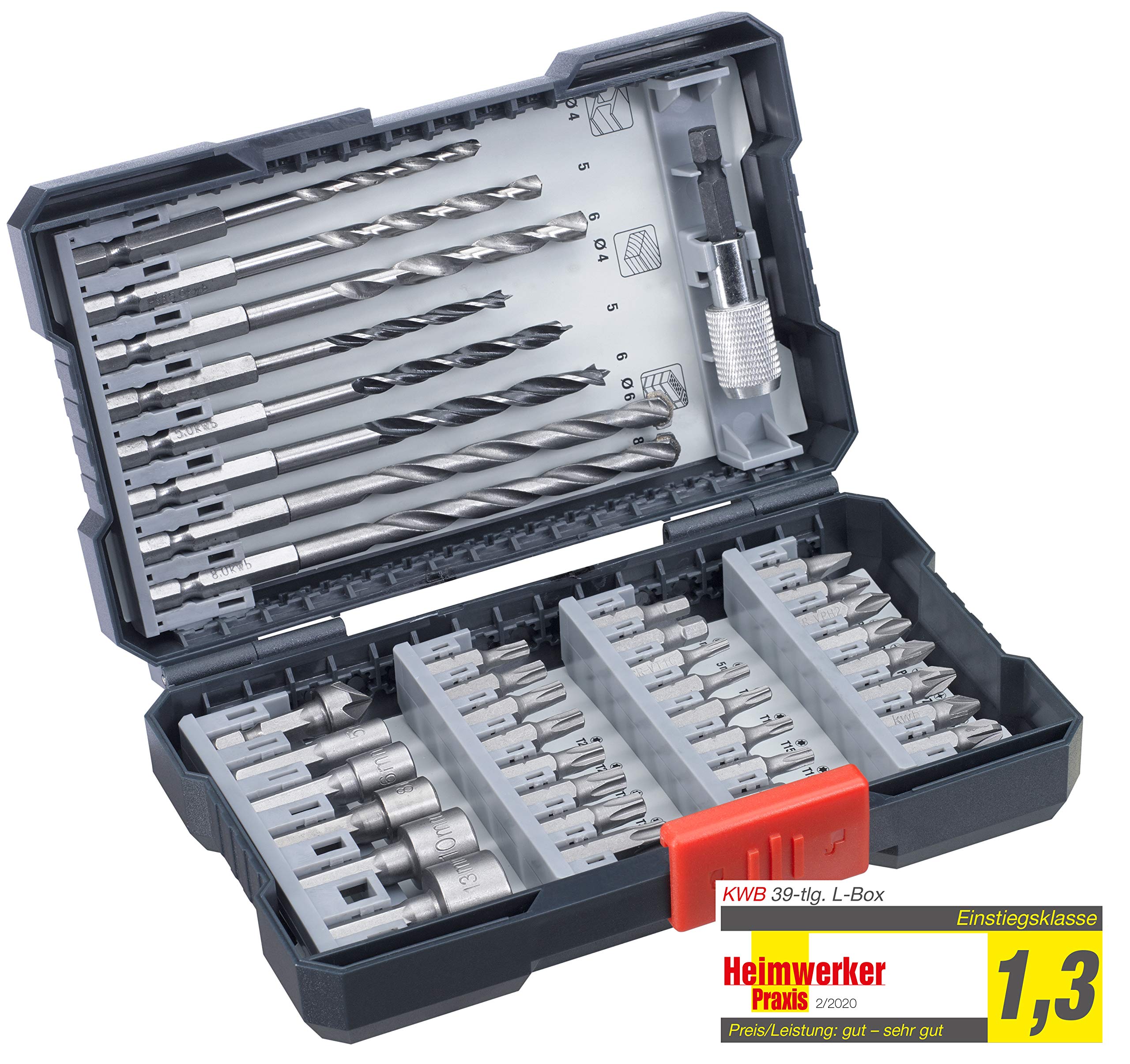 kwb 39-Piece Hex-Shank Drill Box with HSS Metal Drills, Stone and Wood Drills, PH, PZ, Torx Bits, Set with Countersink, Bit Holder, and Socket Bits, Grey
