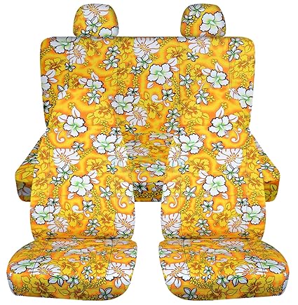 Hawaiian Print Car Seat Covers W 2 Rear Headrest Covers Yellow W Flowers Semi Custom Fit Full Set Will Make Fit Any Car Truck Van Suv 6