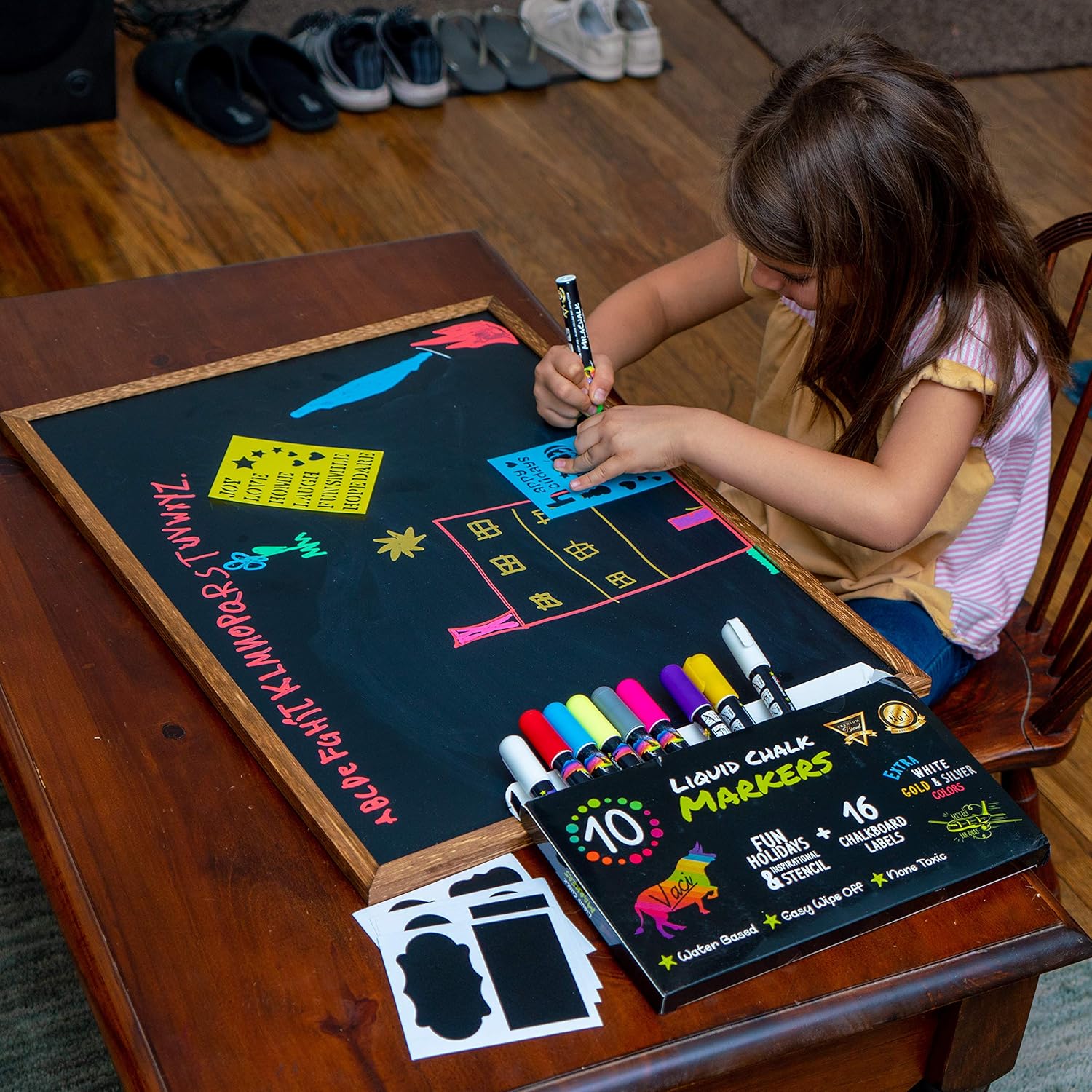 Chalk Markers by Vaci, Pack of 10 + Drawing Stencils + 16 Labels, Premium Liquid Chalkboard Neon Pens, Including Gold, Silver and Extra White Ink, Bullet or Chisel Reversible Tips : Office Products