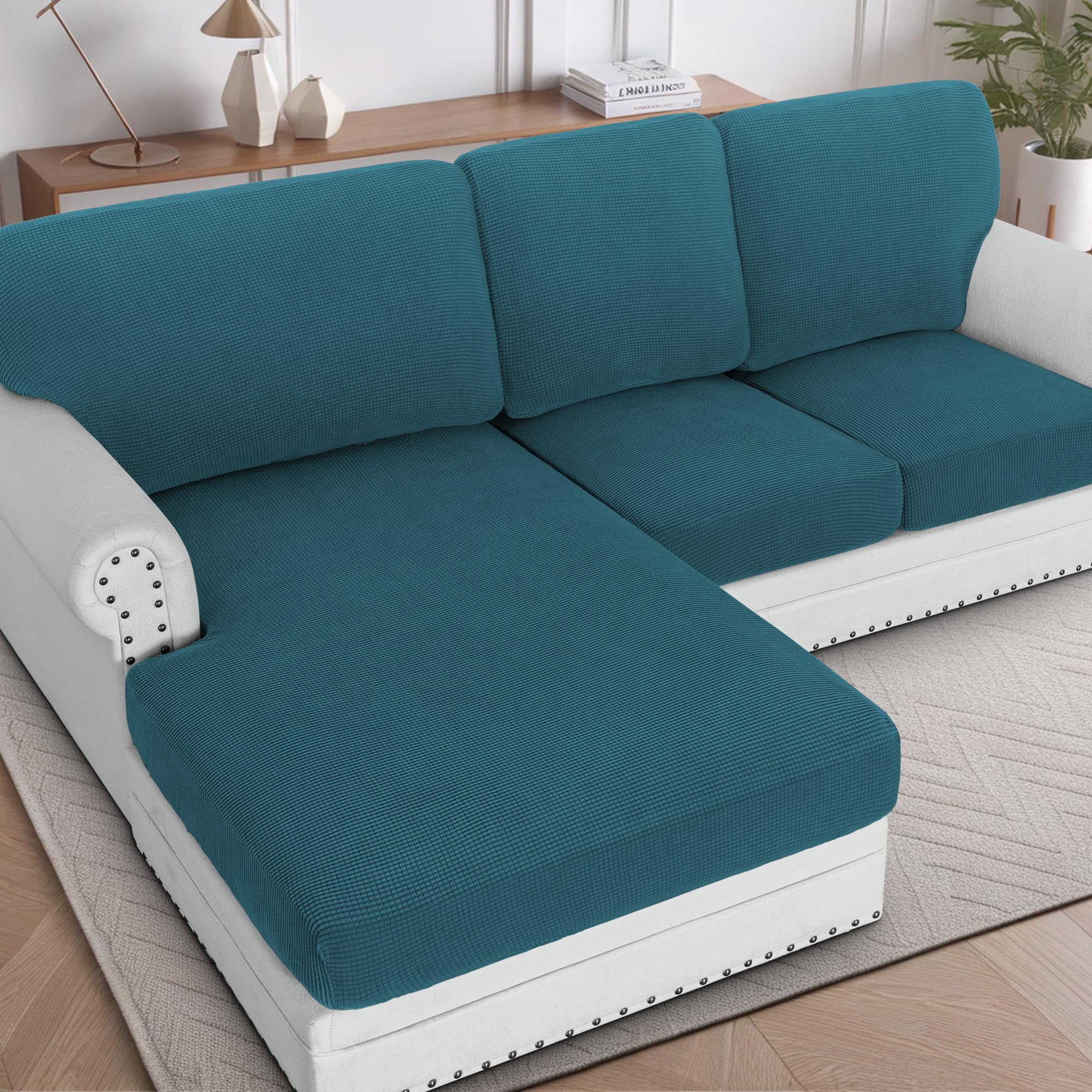 Photo 1 of H.VERSAILTEX Sectional Couch Covers 3 Pieces Sofa Seat Cushion Covers L Shape Separate Cushion Couch Chaise Cover for Both Left/Right Sectional Couch (Seat Only: 1 Chaise + 2 Sofa, Deep Teal)