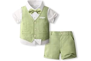 Volunboy Baby Boys Summer Suits Short Sleeve Wedding Ring Bearer Outfits 4Pcs Graduation Dress Vest Shirt Bowtie Shorts Set